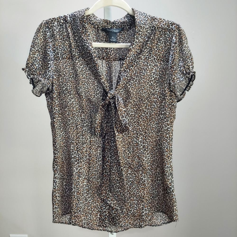 White House Black Market Leopard Print Bow Blouse Short Sleeve Small